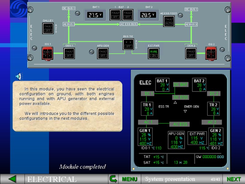 In this module, you have seen the electrical configuration on ground, with both engines